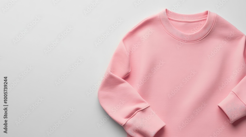Pink crew neck sweatshirt lying flat on a pure white surface, smooth chest area with subtle folds, styled for a clean, hyper-realistic look. Pink crew neck sweatshirt lying flat on a pure white surface, smooth chest area with subtle folds, styled for a clean, hyper-realistic look.