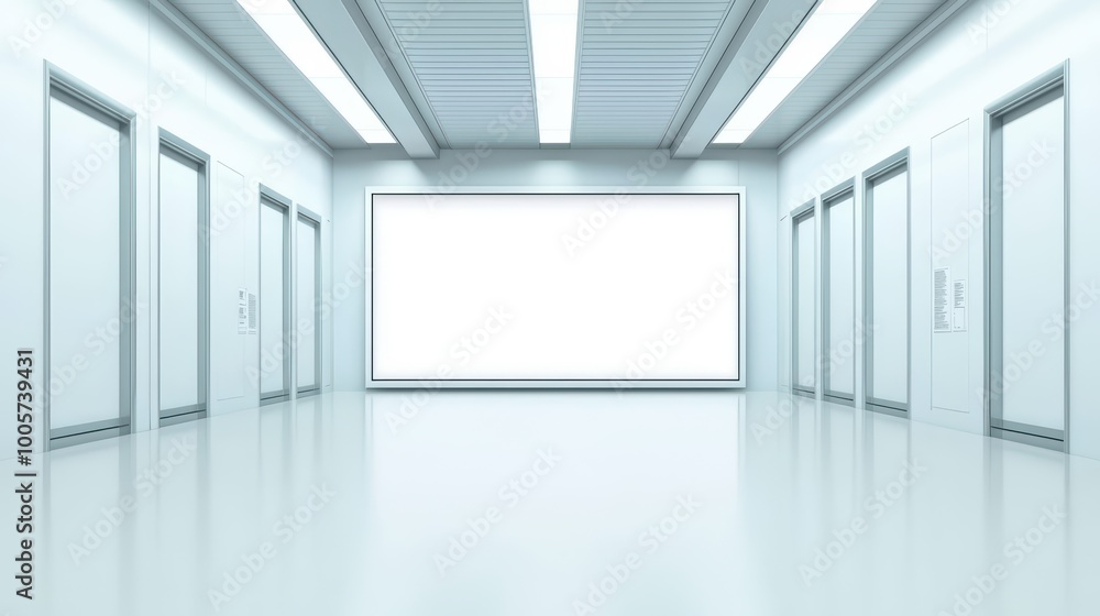 Modern hallway with glossy floor and elevator doors, featuring a large blank screen for display. Modern hallway with glossy floor and elevator doors, featuring a large blank screen for display.