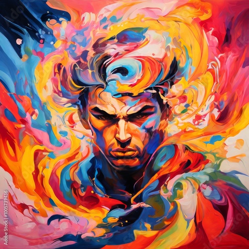 Bold and energetic abstract portrait of a man, filled with vibrant colors and swirling patterns. The artwork exudes a sense of intensity and movement, reflecting inner strength and passion.