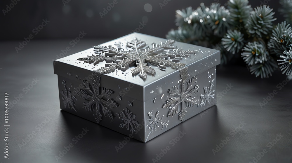 Fototapeta premium a silver box with snowflakes on it sits on a table.