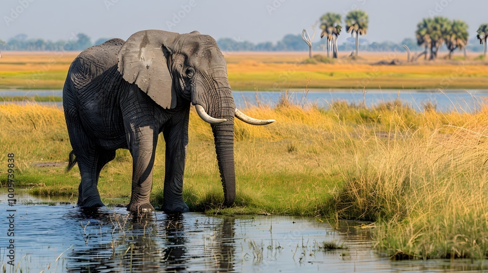 Fototapeta premium Majestic Elephant Standing Gracefully with Ample Copy Space Against a Vast, Scenic Landscape Background