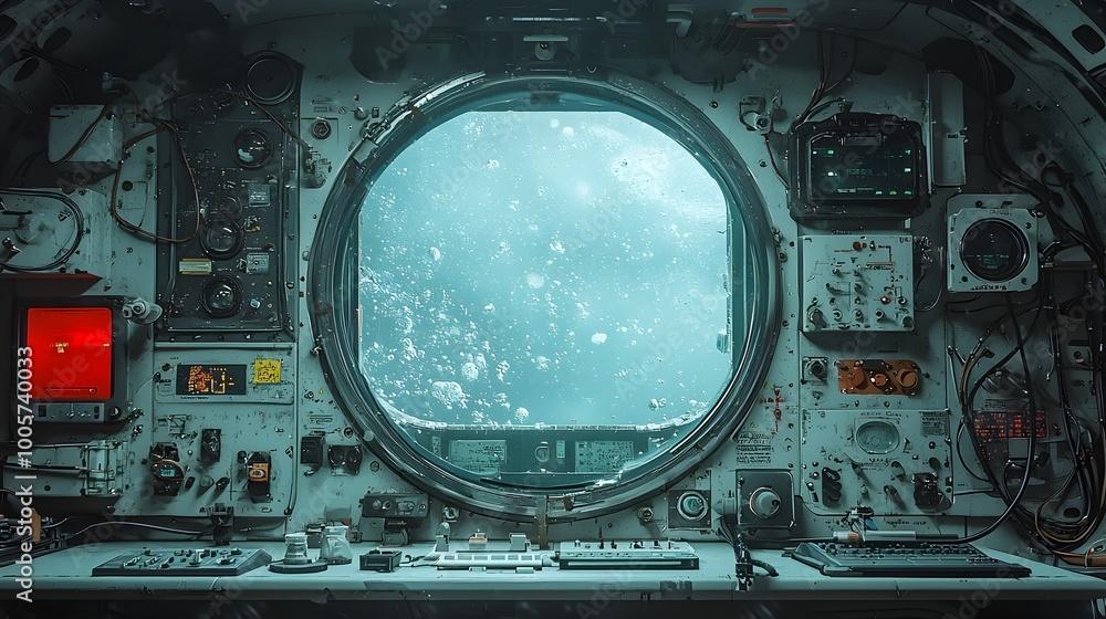 Fototapeta premium Tranquil window view from inside a submarine or spacecraft showcasing a small self sustaining ecosystem thriving in the background The verdant scene offers a calming