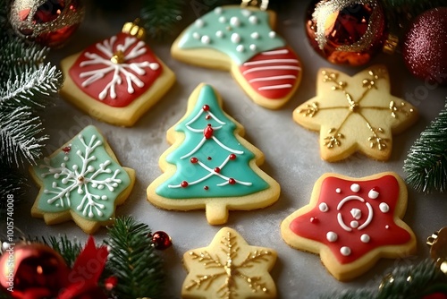 Christmas Sugar Cookies in Various Shapes with Colorful Icing, Surrounded by Christmas Tree Ornaments and Decorations