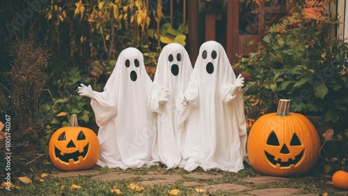 Three Ghostly Figures Standing Beside Jack-o'-Lanterns photo