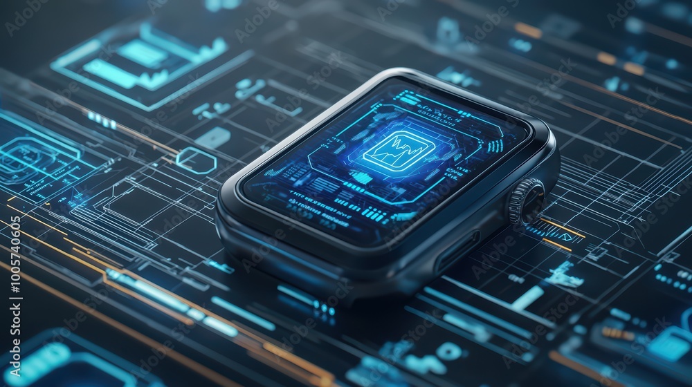 Smartwatch showcasing advanced technology on a digital blueprint background. Smartwatch showcasing advanced technology on a digital blueprint background.