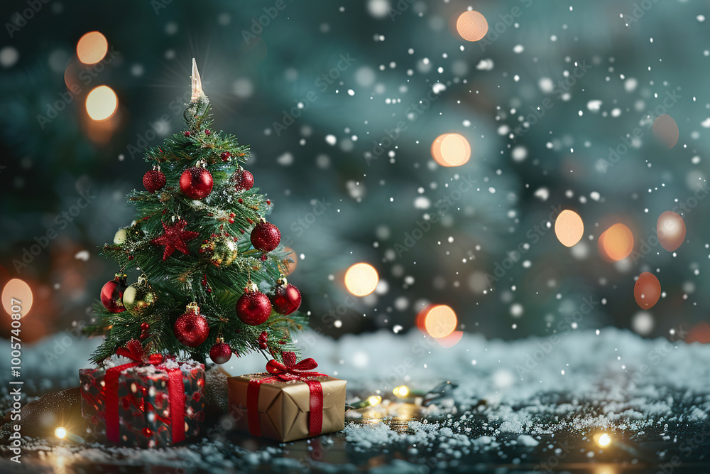 Obraz premium Christmas greeting card with bright winter holiday composition and New Year background