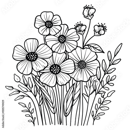 Cute design with flowers coloring page, Hand drawn flat design simple flower outline set.