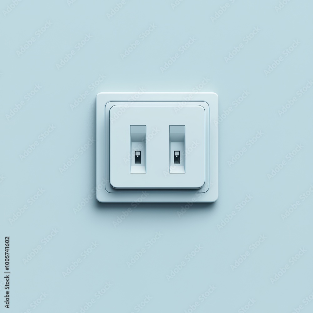 Two electrical switches on a light blue wall, modern design, minimalistic style. Two electrical switches on a light blue wall, modern design, minimalistic style.