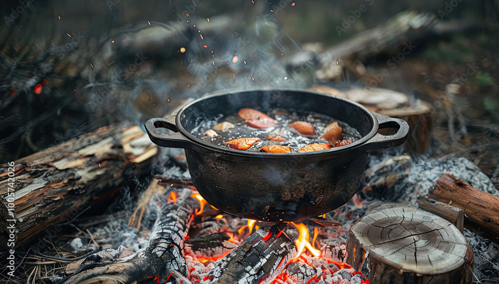 Scene of a cast iron pot cooking over a crackling campfire, surrounded by logs and glowing embers, capturing the essence of outdoor cooking. Scene of a cast iron pot cooking over a crackling campfire, surrounded by logs and glowing embers, capturing the essence of outdoor cooking.