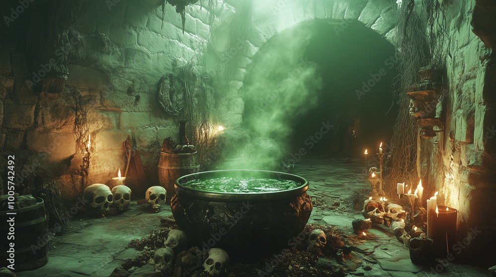 Bubbling cauldron filled with glowing green liquid Bubbling cauldron filled with glowing green liquid