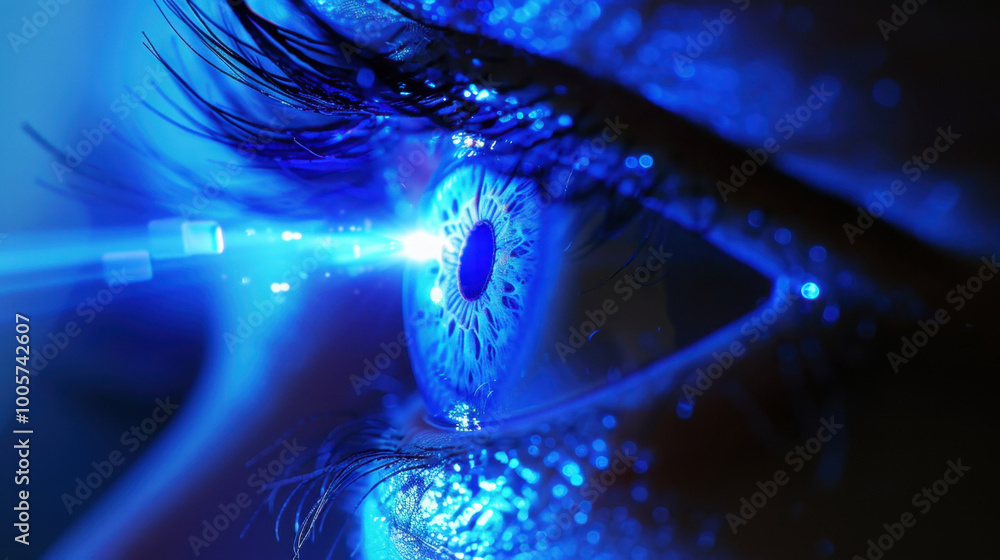 image captures close up of human eye illuminated by blue light, showcasing intricate details of iris and eyelashes. scene evokes sense of precision and technology in eye care