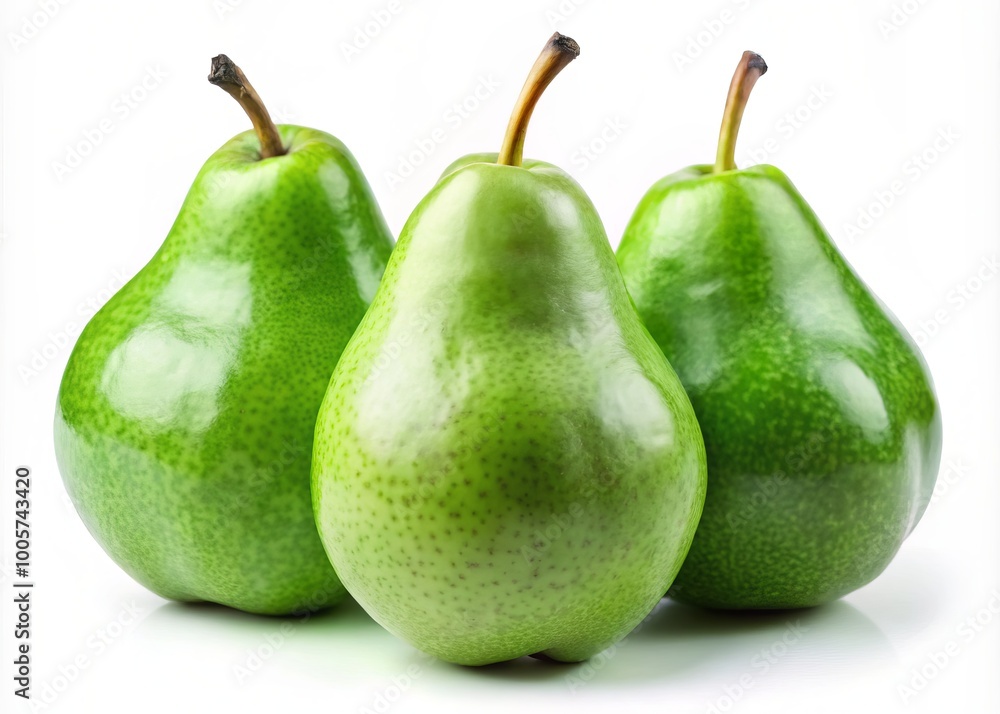 Bright green pears showcased against a white backdrop, illustrating fresh fruit and healthy eating ideas, ideal for Bright green pears showcased against a white backdrop, illustrating fresh fruit and healthy eating ideas, ideal for