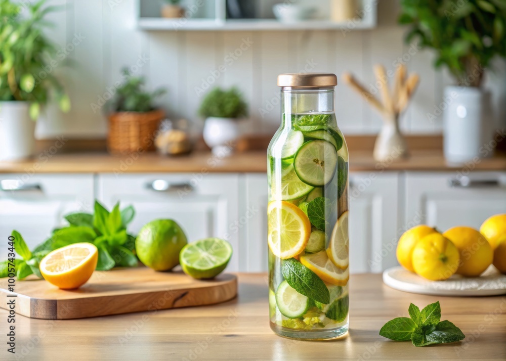 Bright kitchen setting features a bottle of infused water, combining citrus, cucumber, and mint, offering a refreshing Bright kitchen setting features a bottle of infused water, combining citrus, cucumber, and mint, offering a refreshing