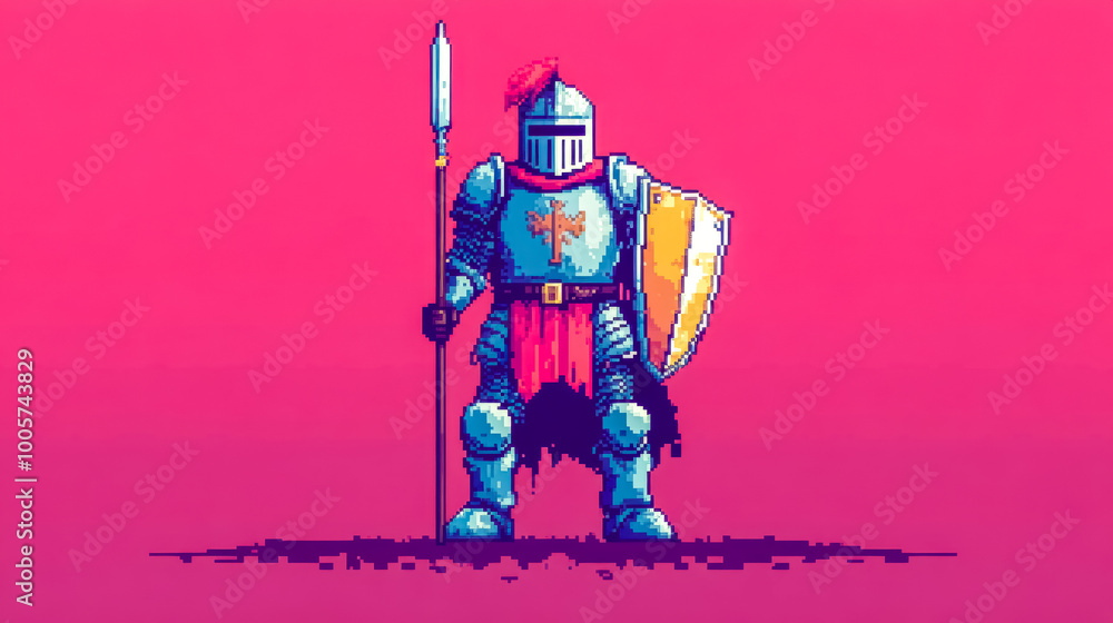 Obraz premium Pixel art knight holding spear and shield