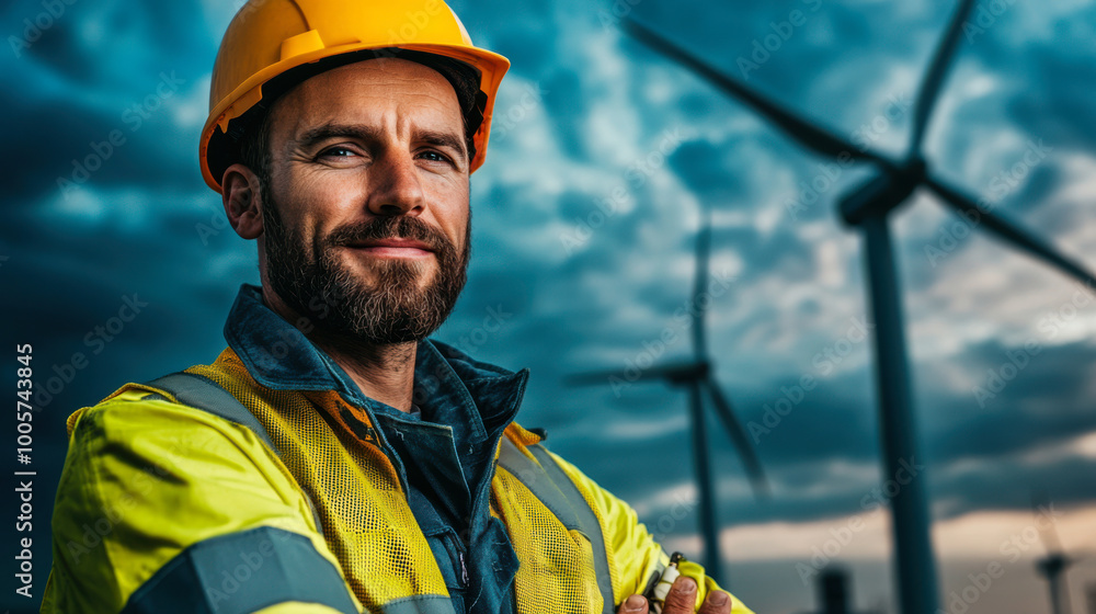 Worker with helmet at wind farm Worker with helmet at wind farm