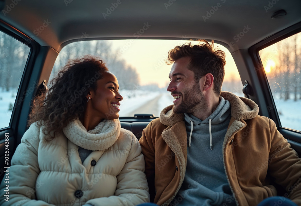 A man and a woman are sitting in a car, smiling at each other A man and a woman are sitting in a car, smiling at each other