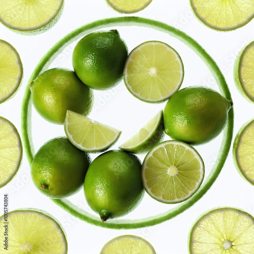 Green lime fruits on white. Top view flat lay