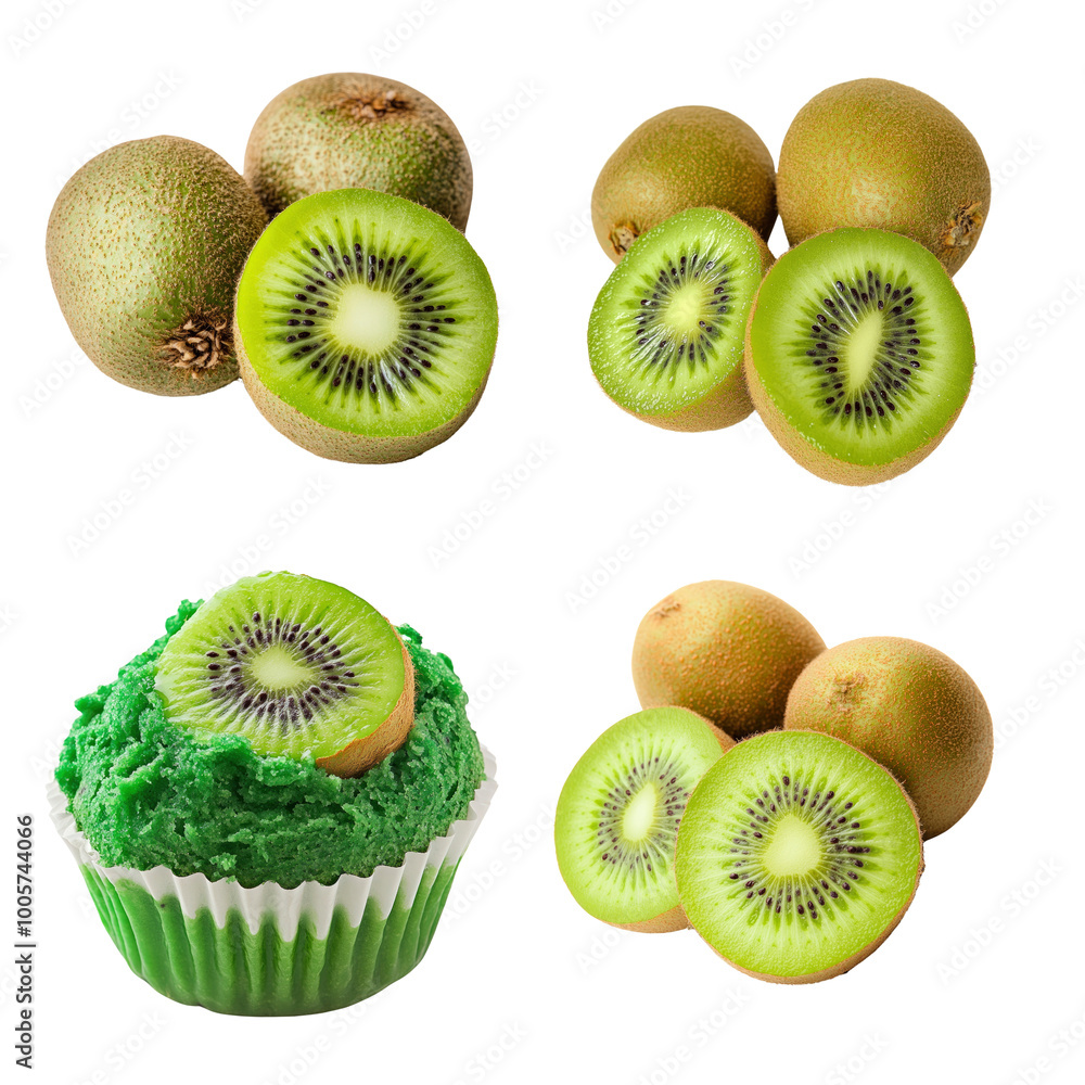 Fototapeta premium Fresh Green Kiwi Fruit and Cupcake Isolated on White Background