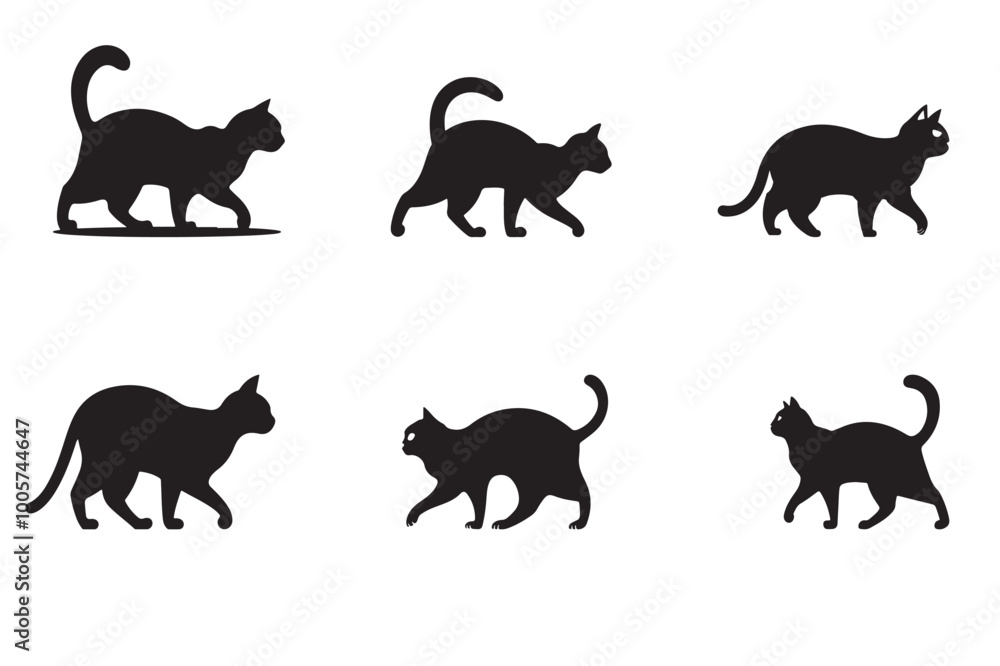 Obraz premium The vector art features a black cat silhouette, sitting posture, and a simple illustration of a feline shape on a white background.