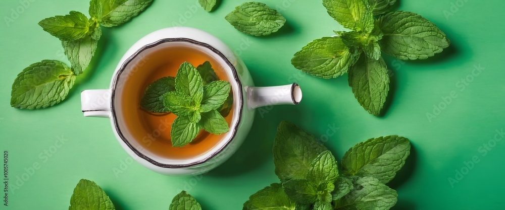Refreshing Mint Tea with Fresh Mint Leaves on Green Background – Herbal Tea Concept Flat Lay Top View, Refreshing Mint Tea with Fresh Mint Leaves on Green Background – Herbal Tea Concept Flat Lay Top View,