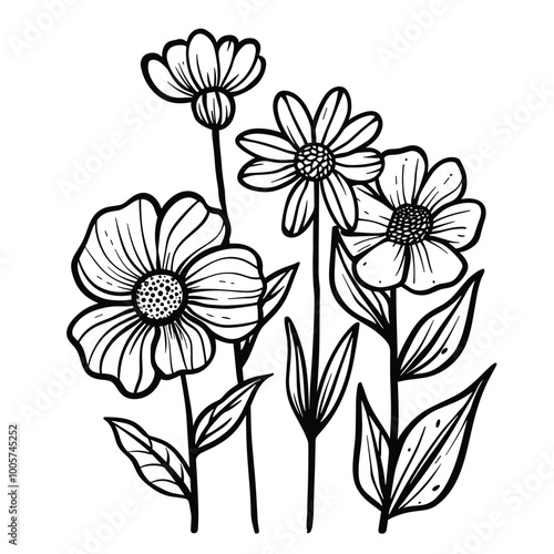Cute design with flowers coloring page, Hand drawn flat design simple flower outline set.