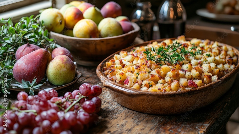 A rustic table setting featuring a baked dish and fresh fruits. A rustic table setting featuring a baked dish and fresh fruits.