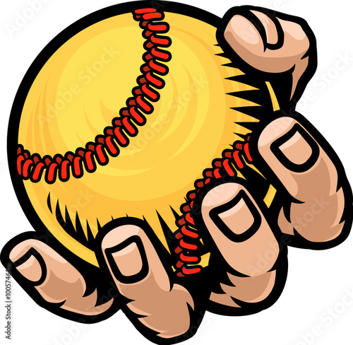 A mascot person hand or fist holding a softball ball