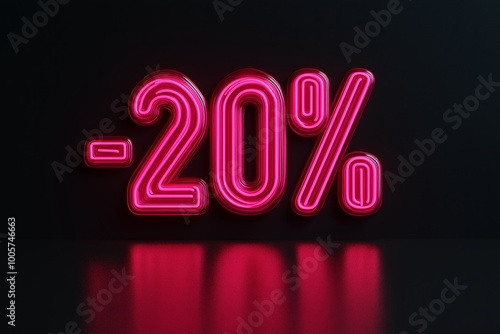 A glowing red neon -20% sign brightly lit against a black backdrop with a sleek reflection