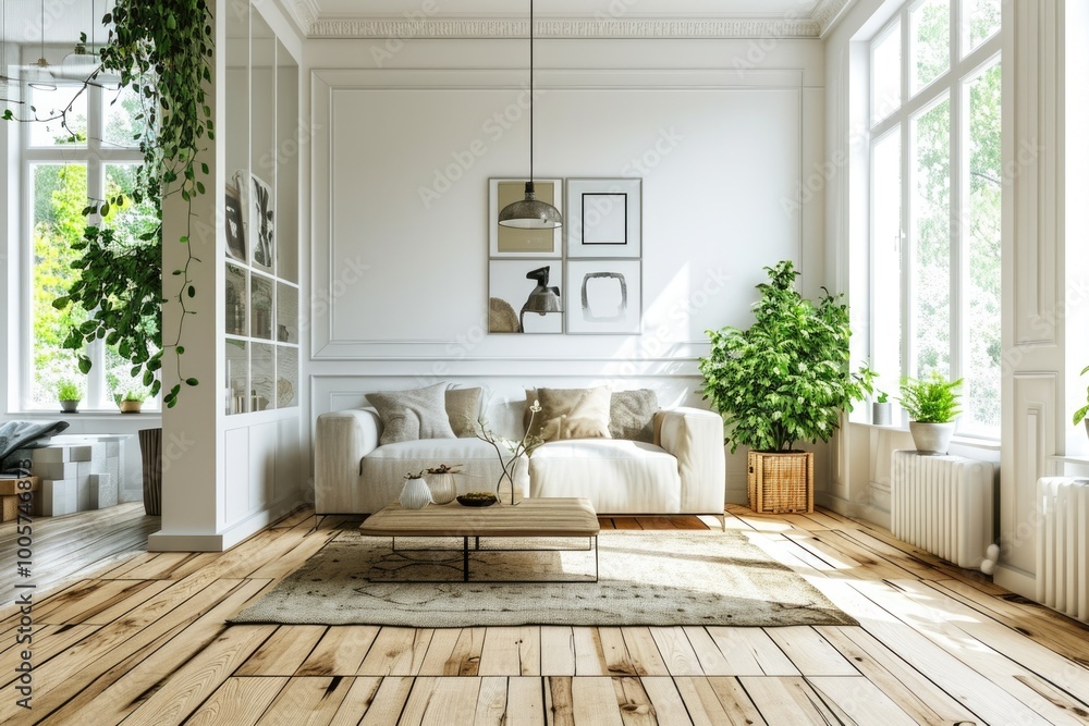 Modern Living Room Interior with Parquet Floor and Beige Sofa Modern Living Room Interior with Parquet Floor and Beige Sofa