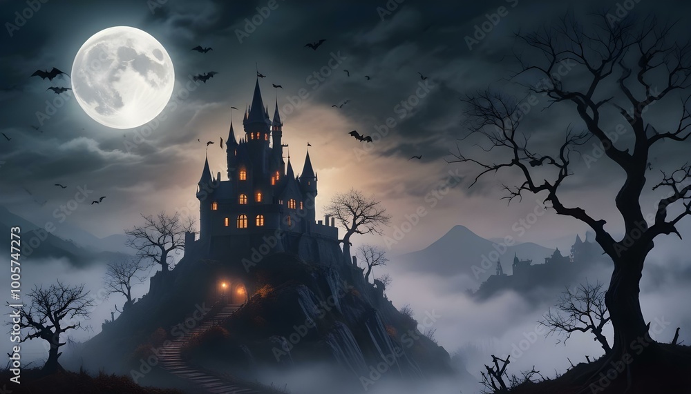 A dark palace castle perched on a hill, enveloped in mist at night, illuminated by the full moon, with bats soaring through the eerie atmosphere A dark palace castle perched on a hill, enveloped in mist at night, illuminated by the full moon, with bats soaring through the eerie atmosphere