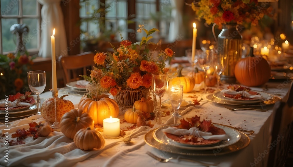 An autumn table setting featuring elegant dinnerware, white candles, and charming seasonal decorations, perfectly arranged for a festive celebration, creating a warm and inviting atmosphere An autumn table setting featuring elegant dinnerware, white candles, and charming seasonal decorations, perfectly arranged for a festive celebration, creating a warm and inviting atmosphere