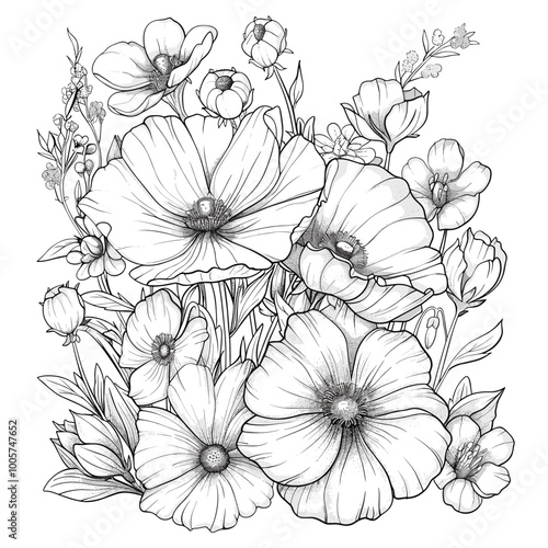 Cute design with flowers coloring page, Hand drawn flat design simple flower outline set.