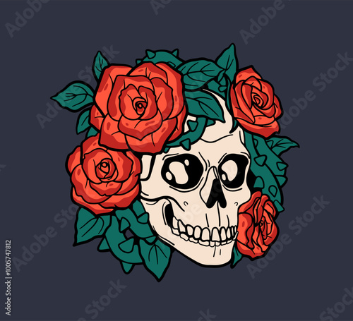Skull with rose flowers and leaves, life and death concept. Creepy spooky ske...