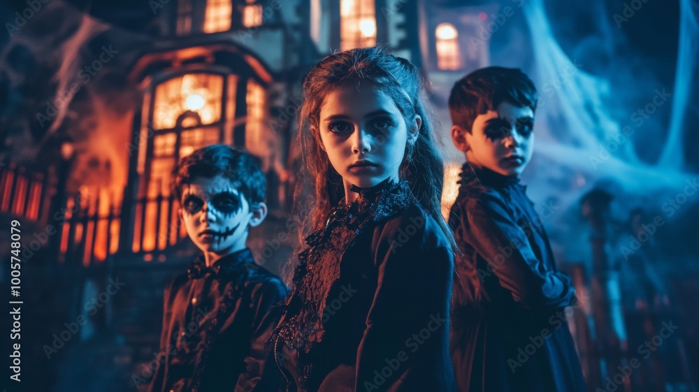 Three Children in Halloween Costumes Outside a Haunted House Three Children in Halloween Costumes Outside a Haunted House