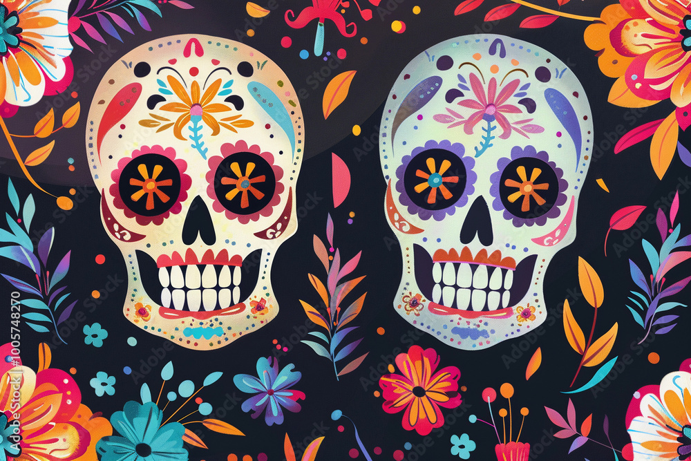 Beautiful greeting card with bright holiday composition for happy to joy celebrate dia de muertos Beautiful greeting card with bright holiday composition for happy to joy celebrate dia de muertos