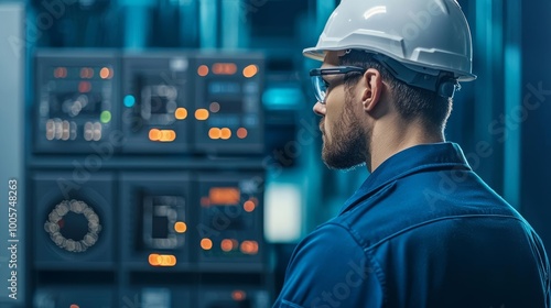 Engineer analyzing a wind turbine control panel, detailed interface, futuristic diagnostic tools, clean energy concept, high-tech feel