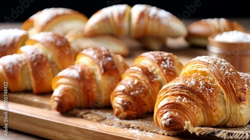 Wallpaper Mural A selection of warm, flaky croissants is arranged on a rustic wooden table, topped with a light sprinkle of powdered sugar. Sunlight streams in, enhancing the inviting atmosphere. Torontodigital.ca