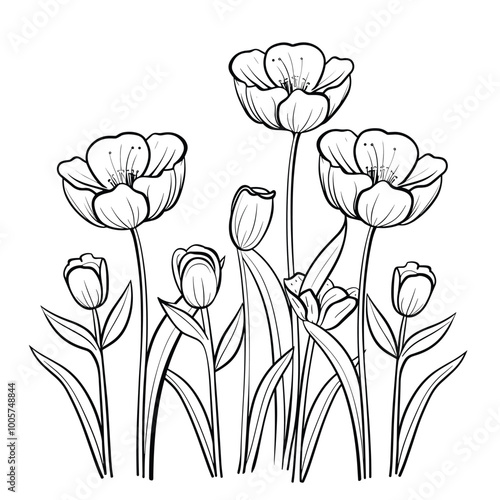 Cute design with flowers coloring page, Hand drawn flat design simple flower outline set.