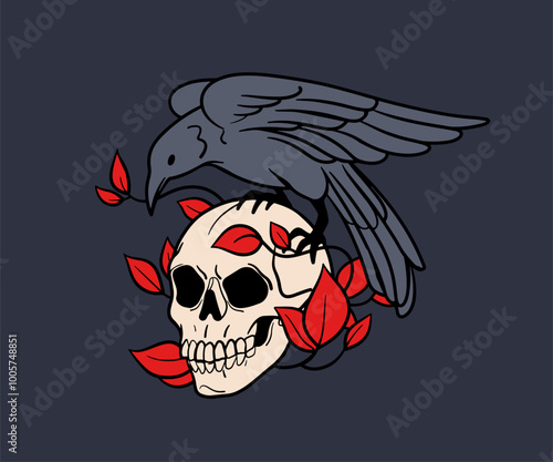 Skull with raven, death and black magic symbol. Creepy spooky skeleton with blood leaf and crow bird, head bone in vintage retro style. Halloween horror decoration. Hand-drawn vector illustration