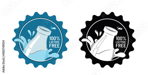 100 Percent Lactose-Free Badge Design. Illustration Set with Milk Bottle Splash Elements Blue and Black Variations. Vector signs for product packaging design.