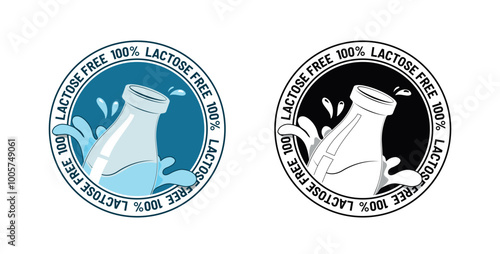 100 Percent Lactose-Free Badge Design. Illustration Set with Milk Bottle Splash Elements Blue and Black Variations. Vector signs for product packaging design.
