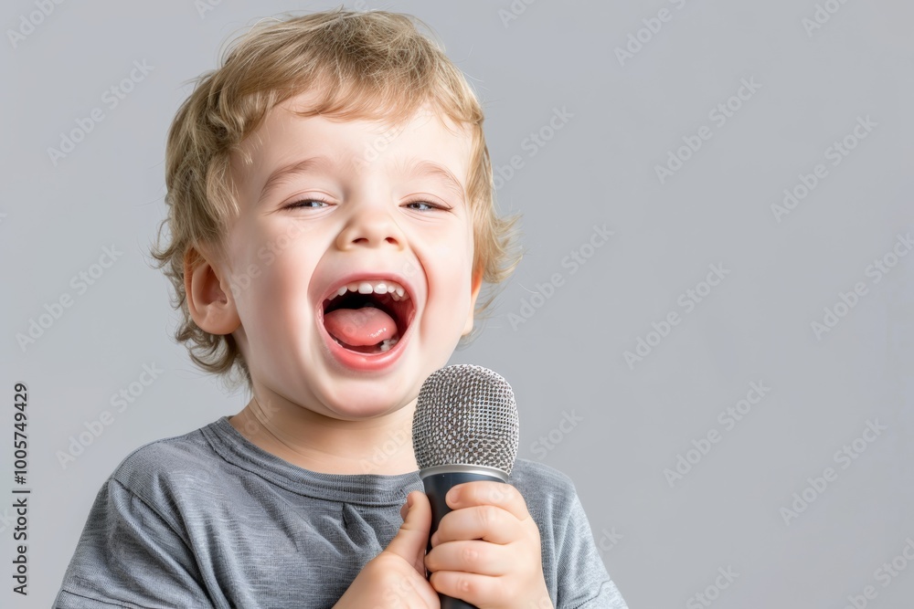 Young boy passionately singing into a microphone during a fun music practice session.