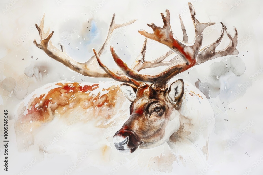 Beautiful watercolor painting of a reindeer with large antlers, set against a snowy winter background, capturing the essence of nature and wildlife. Beautiful watercolor painting of a reindeer with large antlers, set against a snowy winter background, capturing the essence of nature and wildlife.