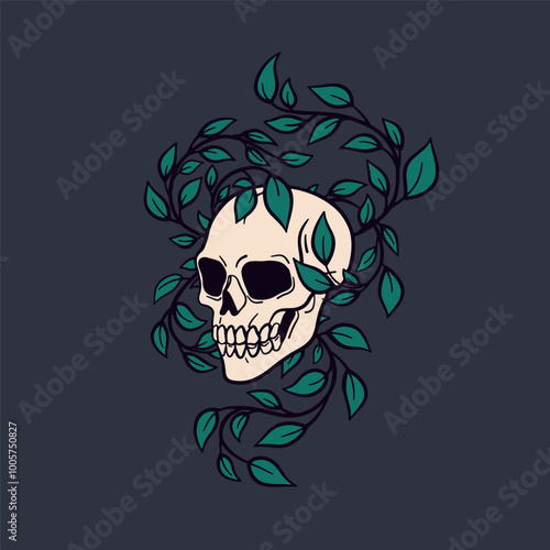 Skull with leaf vines, life and death symbol. Creepy mystical skeleton, scary...