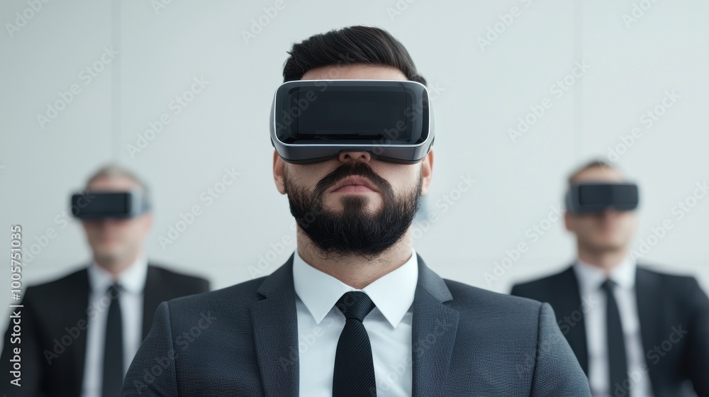 Businessman wearing VR headset in meeting Businessman wearing VR headset in meeting
