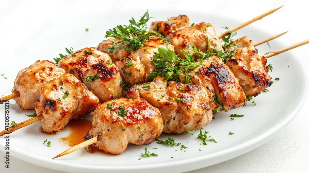 A delicious plate of fire-grilled chicken skewers, garnished with fresh herbs and served on a white background for a fresh and appealing look. A delicious plate of fire-grilled chicken skewers, garnished with fresh herbs and served on a white background for a fresh and appealing look.