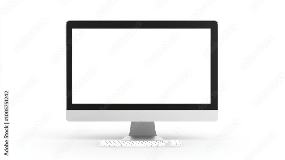 A desktop computer showing a blank white screen on a clean white background, minimalistic and perfect for website or UI design presentations. A desktop computer showing a blank white screen on a clean white background, minimalistic and perfect for website or UI design presentations.