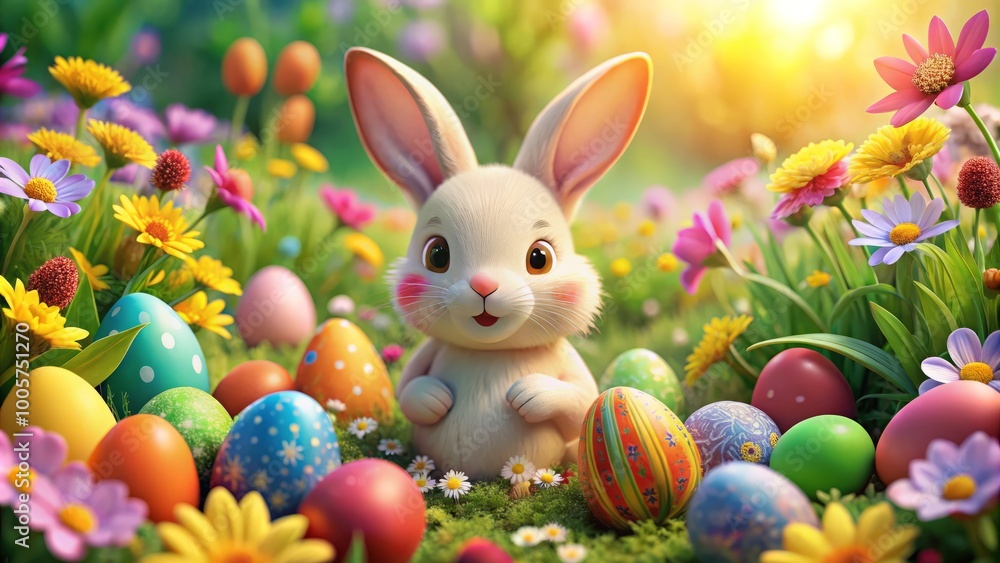 Fototapeta premium Cute cartoon bunny surrounded by colorful blossoms and decorative Easter eggs, embodying the cheerful essence of