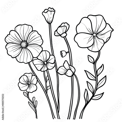 Cute design with flowers coloring page, Hand drawn flat design simple flower outline set.