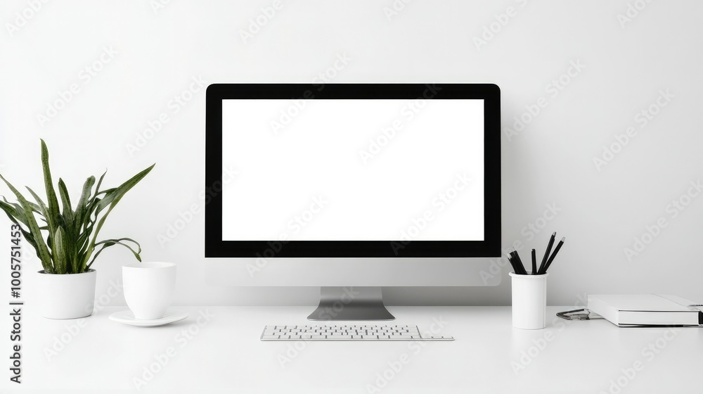 A desktop computer with a white screen on a sleek desk, set against a white background, creating a minimalistic and modern tech environment. A desktop computer with a white screen on a sleek desk, set against a white background, creating a minimalistic and modern tech environment.